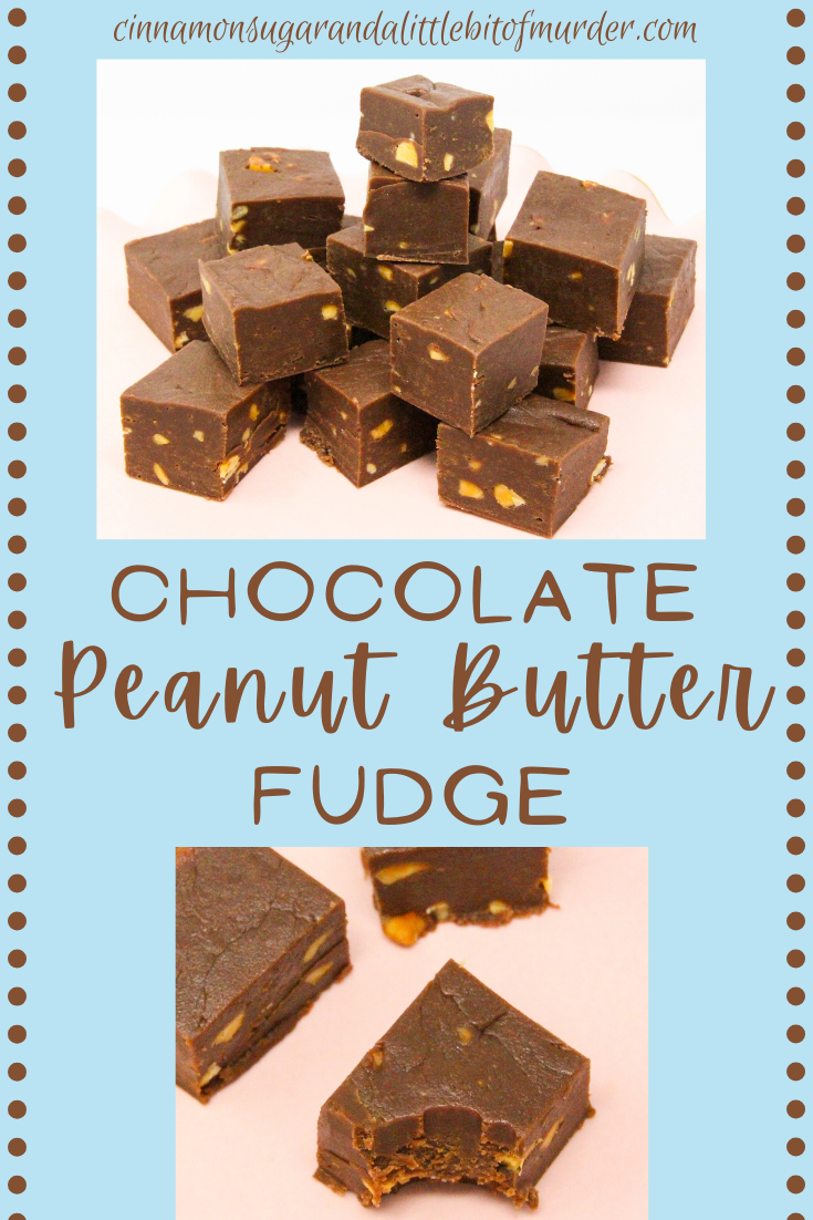 Hayley's Chocolate Peanut Butter Fudge uses only five pantry staple ingredients. The smooth and creamy candy is scrumptious with the perfect ratio of chocolate to peanut butter. Recipe shared with permission granted by Lee Hollis, author of CHRISMTAS MITTENS MURDER. 
