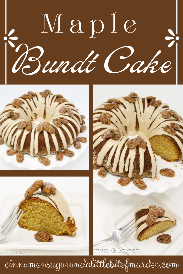 Maple Bundt cake with maple cinnamon glaze and candied pecans is a moist cake with caramel-y maple flavor. Paired with maple cinnamon glaze and candied pecans, this dessert becomes company-worthy! Recipe created by Cinnamon & Sugar for Catherine Bruns, author of SYRUP TO NO GOOD. 