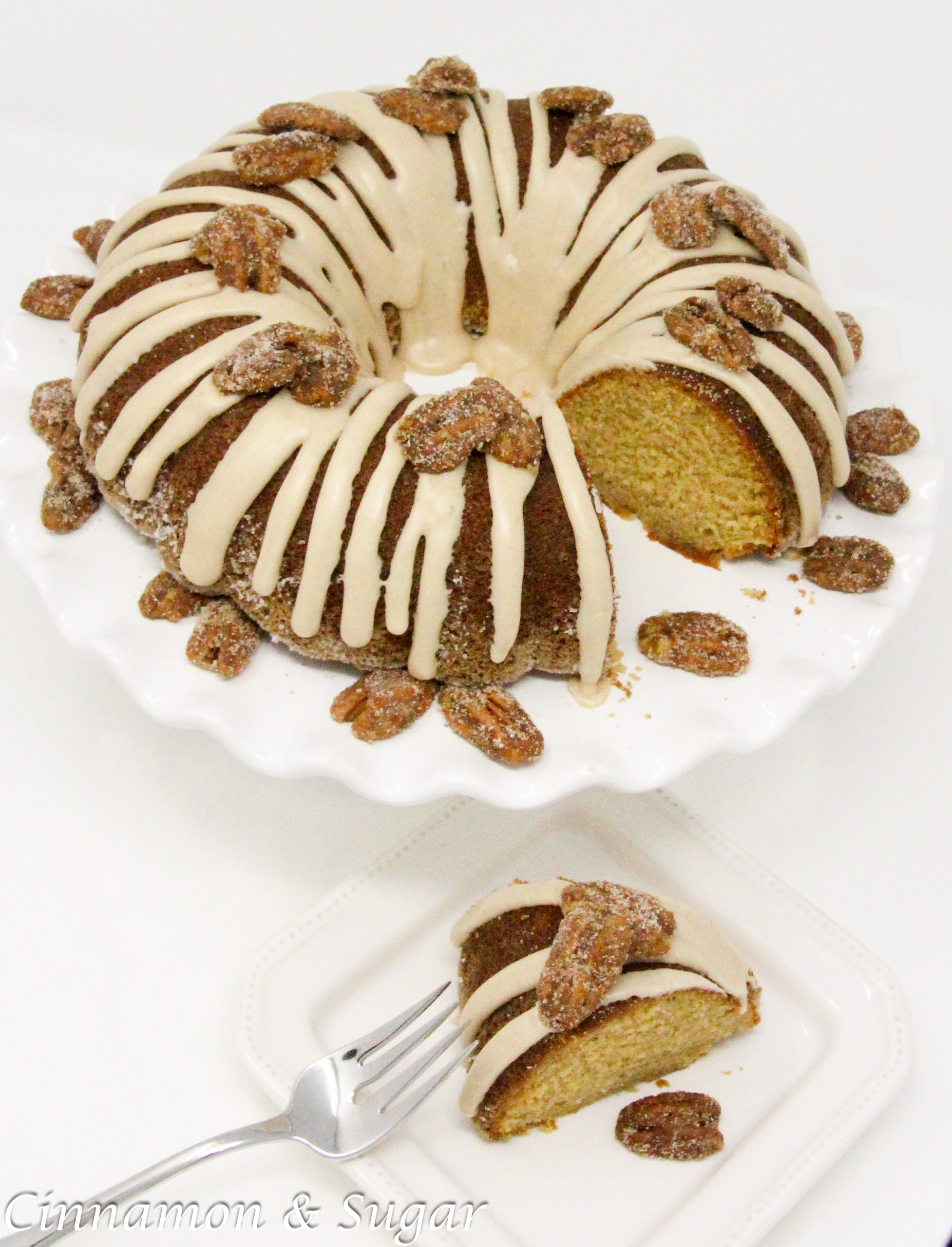 Maple Bundt cake with maple cinnamon glaze and candied pecans is a moist cake with caramel-y maple flavor. Paired with maple cinnamon glaze and candied pecans, this dessert becomes company-worthy! Recipe created by Cinnamon & Sugar for Catherine Bruns, author of SYRUP TO NO GOOD. 