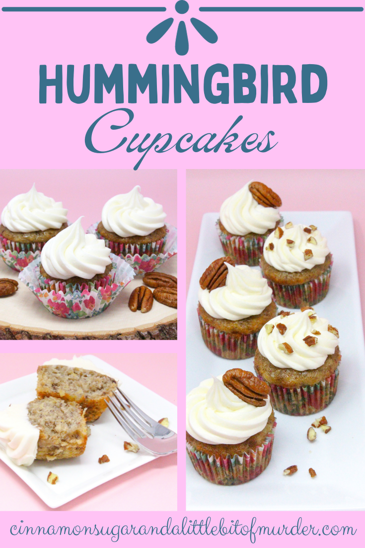 The pineapple and bananas make these Hummingbird Cupcakes extra moist and the pecans add just the right amount of crunch, while the tangy cream cheese frosting is the crowning glory. Recipe shared with permission granted by Jenn McKinlay, author of Strawberried Alive. 
