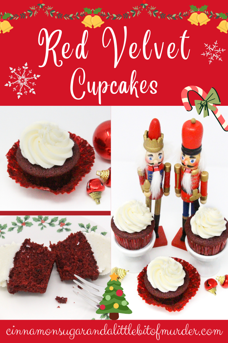 These red velvet cupcakes contain the perfect amount of chocolate and when topped with mounds of sweet buttercream frosting, the results are pure yumminess, making them a delicious way to celebrate the holidays! Recipe shared with permission granted by Christina Romeril, author of A NUTCRACKER NIGHTMARE. 