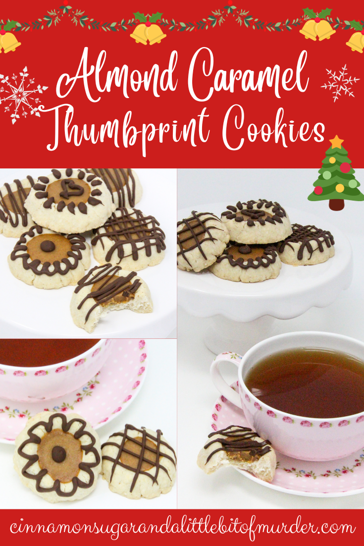 Almond Caramel Thumbprint Cookies are both gluten-free and dairy-free, yet still full of delicious flavors. The shortbread-style cookie is filled with maple-sweetened almond butter then drizzled with dark chocolate. Recipe created by Kim Davis, author of FROSTED YULETIDE MURDER. 