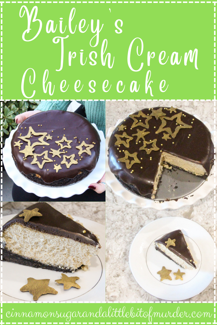 Bailey's Irish Cream Cheesecake starts with an Oreo crust, then topped with rich and creamy cheesecake flavored with Baileys, and a chocolate ganache topping, also flavored with Baileys (which I honestly just wanted to eat by the spoonful). It just doesn’t get any yummier than that! Recipe shared with permission granted by Darci Hannah, author of MURDER AT THE BLARNEY BASH. 