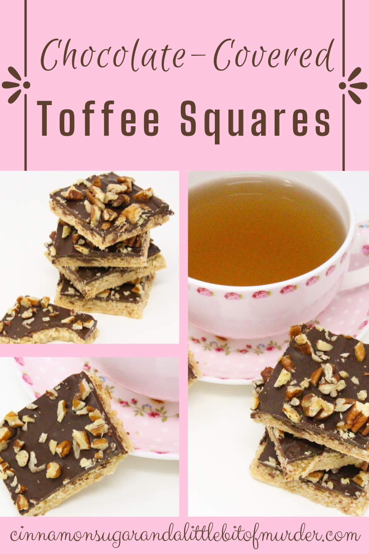 Chocolate-Covered Toffee Squares starts with a brown-sugar buttery cookie base (using pantry and refrigerator staple ingredients) then topped with creamy rich chocolate and chopped nuts. Super simple, yet super delicious! Recipe shared with permission granted by Barbara Ross, author of TORN ASUNDER. 
