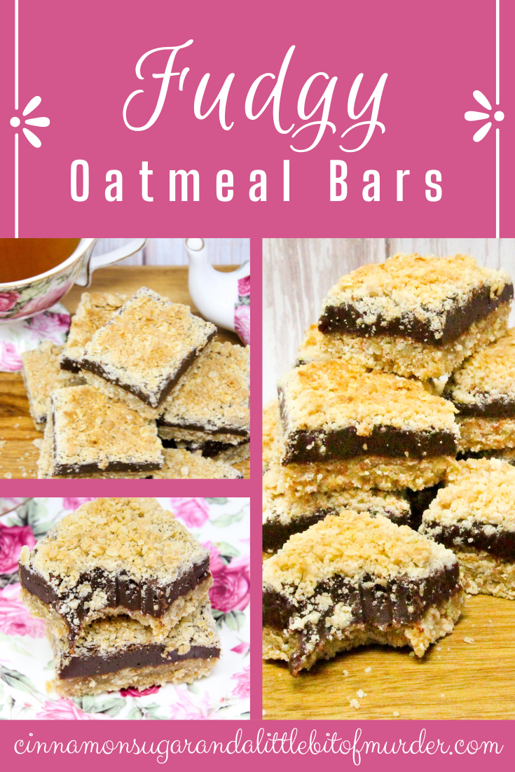 Fudgy Oatmeal Bars are a substantial treat with the addition of oatmeal which offsets (kind of) the sugar high from the rich, fudgy center. Recipe shared with permission granted by Nancy J. Coco, author of THREE FUDGES AND A BABY. 