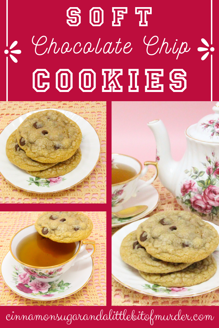 Soft Chocolate Chip Cookies are extra large and extra delicious! Perfect for an afternoon treat with a cold glass of milk or a steaming cup of tea! Recipe shared with permission granted by Vicki Delany/Ava Gates, author of THE STRANGER IN THE LIBRARY. 