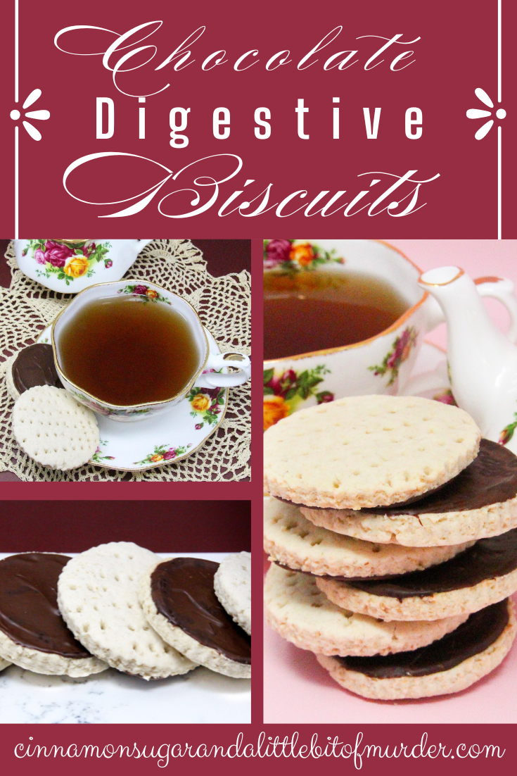 Bunny's Chocolate Digestive Biscuits are a British teatime treat! Oatmeal based, the nice chewy texture is enhanced with the addition of chocolate. Recipe shared with permission granted by Darci Hannah, author of A FATAL FEAST AT BRAMSFORD MANOR. 