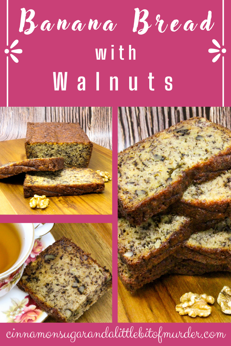 Banana Bread with Walnuts uses three whole bananas, which makes the bread ultra-moist, without using a ton of butter or vegetable oil. Plus, the walnuts add a pleasing crunch to the bread. Recipe shared with permission granted by Vicki Delany, author of TROUBLE IS BREWING. 