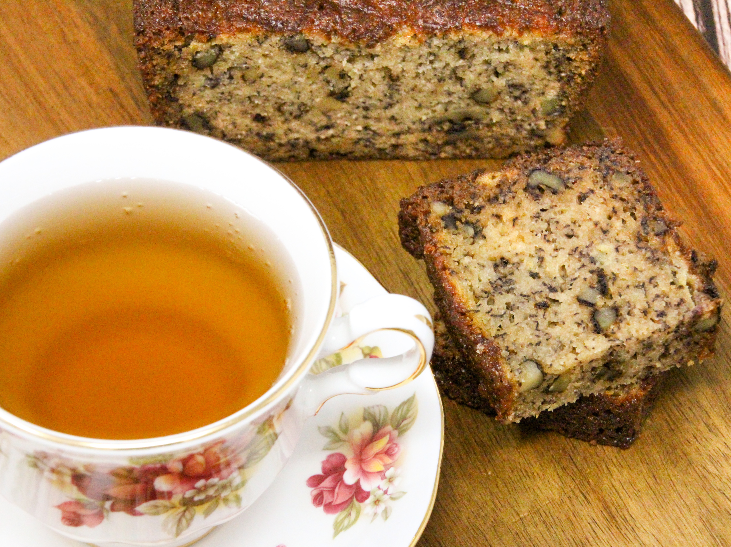 Banana Bread with Walnuts uses three whole bananas, which makes the bread ultra-moist, without using a ton of butter or vegetable oil. Plus, the walnuts add a pleasing crunch to the bread. Recipe shared with permission granted by Vicki Delany, author of TROUBLE IS BREWING. 