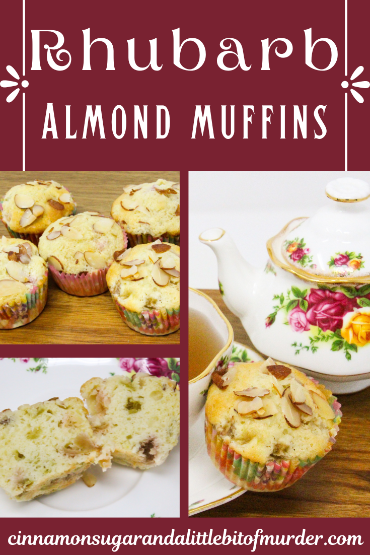 Bits of ruby red rhubarb is studded throughout these Rhubarb Almond Muffins, making them extra moist with a tart bite. Almond flavoring and sliced almonds sprinkled on top of the muffin brings a delicate flavor that complements the fruit. Recipe shared with permission granted by Leslie Budewitz, author of TO ERR IS CUMIN. 