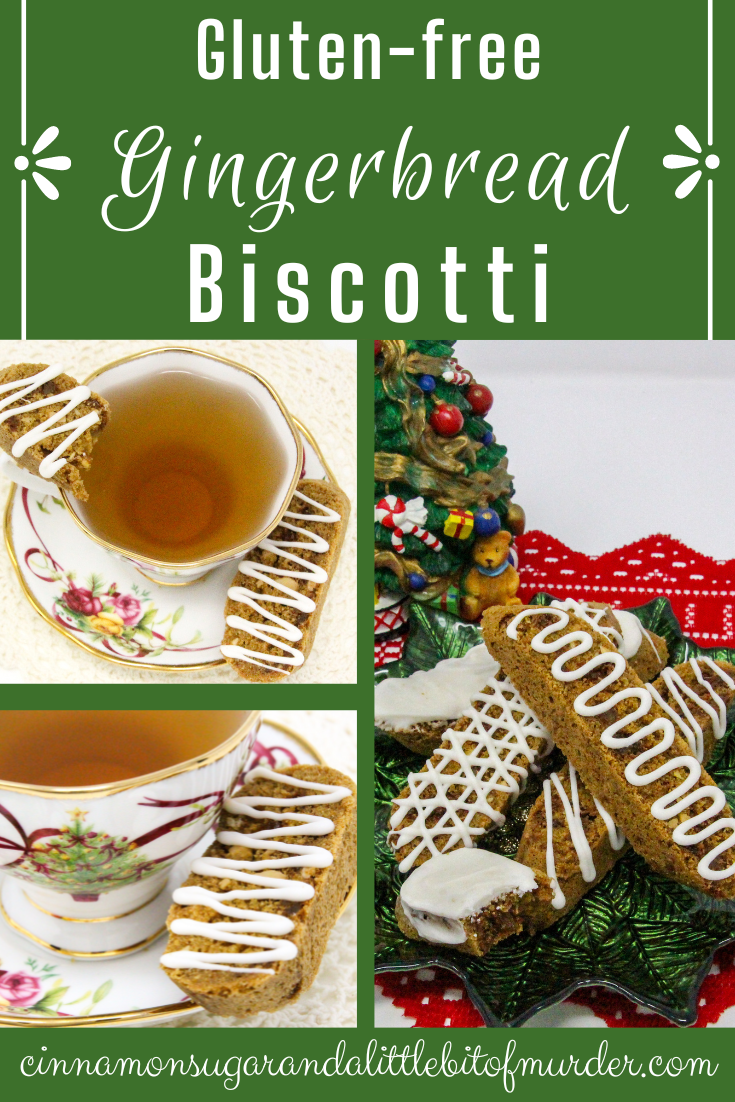 Gluten-free Gingerbread Biscotti are perfectly sweetened and chockful of warming spices and bits of candied ginger. These make the perfect holiday gift for friends and family! Recipe shared with permission granted by Libby Klein, author of SILENT NIGHTS ARE MURDER. 