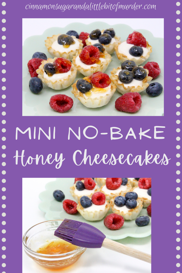 Mini No-Bake Honey Cheesecakes starts with the ease of premade mini phyllo cup shells and filled with honey sweetened no-bake cheesecake filling. Topped with berries, these make for a light and satisfying treat. Recipe shared with permission granted by Kim Davis, author of ESSENTIALS OF MURDER.