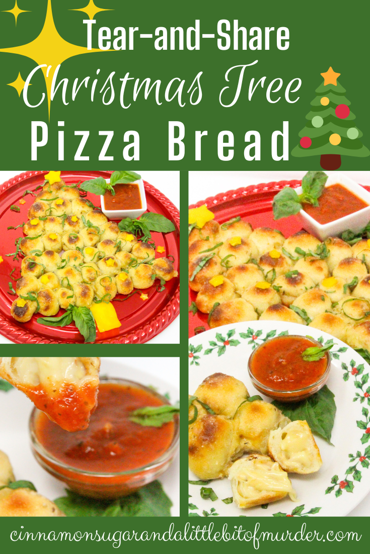 Tear-and-Share Christmas Tree Pizza Bread starts with pizza dough wrapped around chunks of mozzarella sticks, baked, then brushed with a rich combination of melted butter, Parmesan, garlic, and Italian herbs. From Sleep in Heavenly Pizza by Mindy Quigley. Copyright © 2024 by the author and reprinted by permission of St. Martin’s Publishing Group.