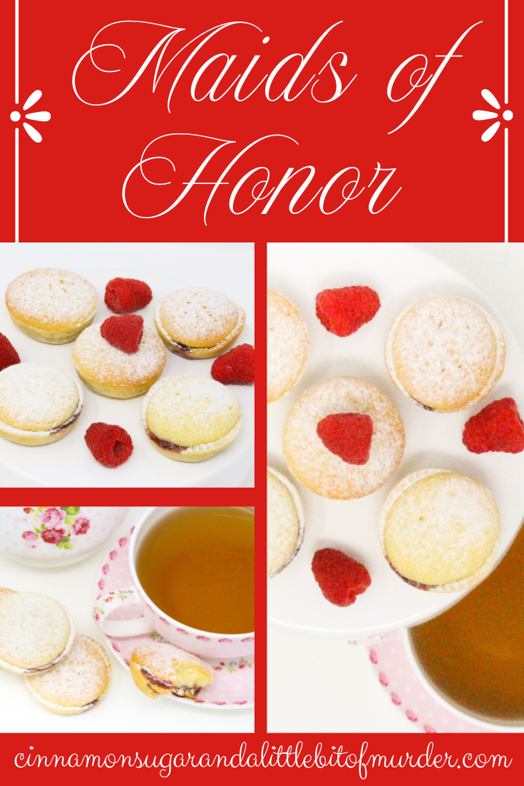 Maids of Honor are tiny tarts with a muffin-like topping and raspberry filling making these little dessert morsels a delicious and unique treat. Recipe shared with permission granted by Daryl Wood Gerber, author of MURDER ON THE PAGE. 