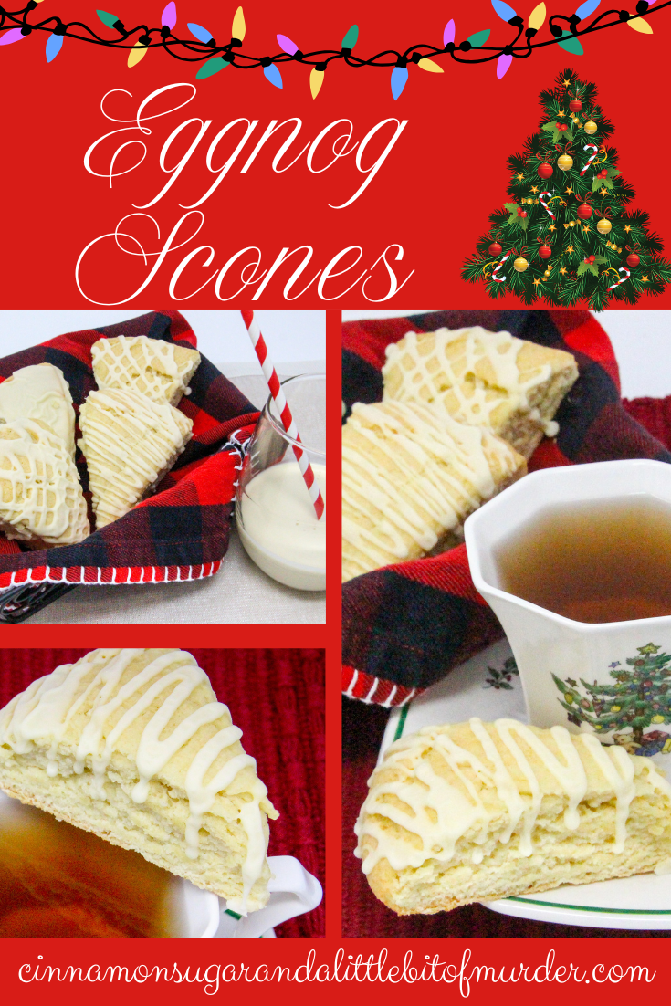 Eggnog Scones are flaky, melt-in-your-mouth pastry flavored with the quintessential holiday beverage! While the recipe doesn't use the usual huge amount of butter, the richness of the eggnog keeps these tender and with the eggnog flavored glaze, you don't even need to serve these with other accompaniments, unless you want to. Recipe shared with permission granted by Debra Sennefelder, author of A CORPSE AMONG THE CAROLERS.