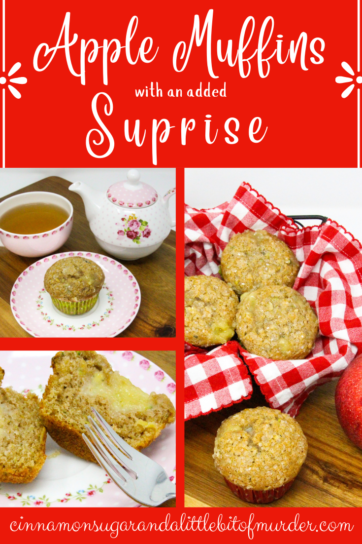 Apple Muffins with an Added Surprise are super moist, thanks to both apple and zucchini used in the batter. The cinnamon adds a nice flavor while the cream cheese filling adds richness. Recipe shared with permission granted by Lois Winston, author of SEAMS LIKE THE PERFECT CRIME.