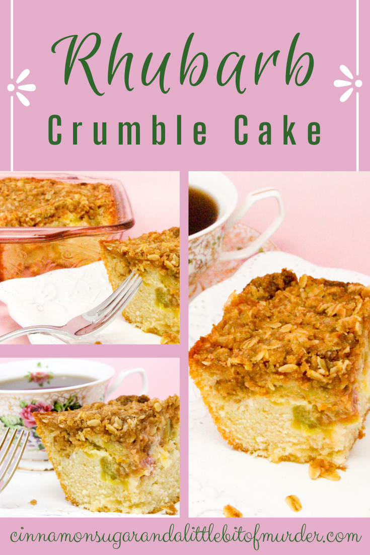 Rhubarb, with it's tart bite, is the perfect complement to a vanilla-based cake and a cinnamon crumble topping. Rhubarb Crumble Cake makes a great breakfast, afternoon coffee break snack, or served as dessert with a scoop of ice cream. Recipe shared with permission granted by Ellie Alexander, author of KILLING ME SOUFFLÉ.