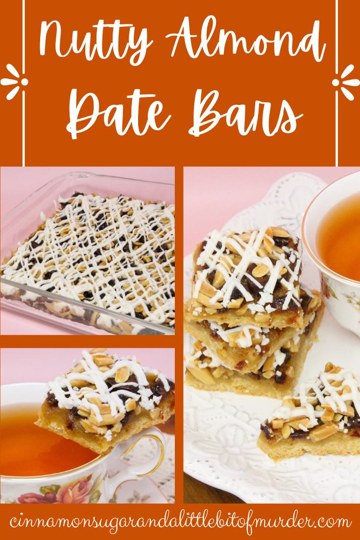 Nutty Almond Date Bars starts with a buttery, almond-flavored crust for the sweet date and crunchy almond filling. With the added white chocolate drizzle, this dessert is pure decadence and you’ll have people clamoring for more! Recipe shared with permission granted by Ellen Byron, author of SOLID GOLD MURDER. 