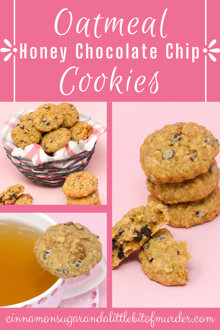 Oatmeal Honey Chocolate Chip Cookies are a healthy twist to the original. The addition of honey, applesauce, golden raisins, and chocolate chips makes these sweet enough and perfect for a delicious after-school snack or tea time pick-me-up. Recipe shared with permission granted by Daryl Wood Gerber, author of ESSENCE OF FOUL PLAY. 