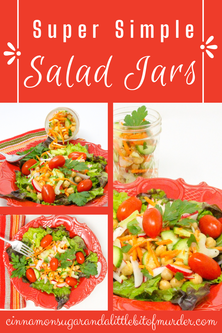 Super Simple Salad Jars are quick to mix up ahead of time and convenient to have on hand for a nourishing lunch or light supper. Mix and match your favorite salad topper ingredients then add to lettuce right before serving. Recipe shared with permission granted by Victoria Hamilton, author of CAT GOT YOUR TONGS. 