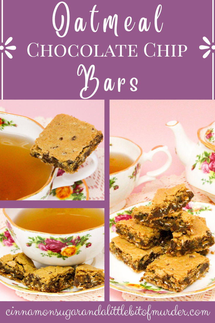 Oatmeal Chocolate Chip Bars are rich, chewy, and oh-so-yummy! The oatmeal provides a nice texture to the bars, and there is a decadent amount of chocolate chips to keep the bars gooey. Recipe shared with permission granted by Emmeline Duncan, author of FATAL BROUHAHA. 