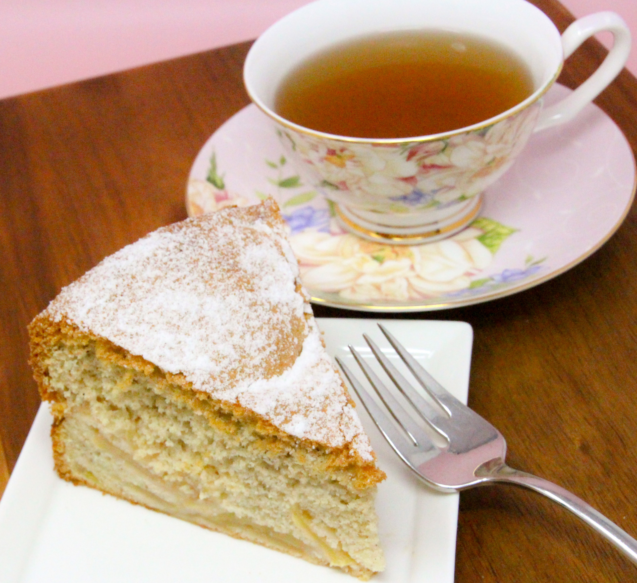 Apple Sharlotka uses a generous amount of apples to keep it moist and a generous number of eggs to give the cake lift and richness, resulting in a heavenly dessert reminiscent of angel food cake. Recipe shared with permission granted by Krista Davis, author of THE DIVA POACHES A BAD EGG.