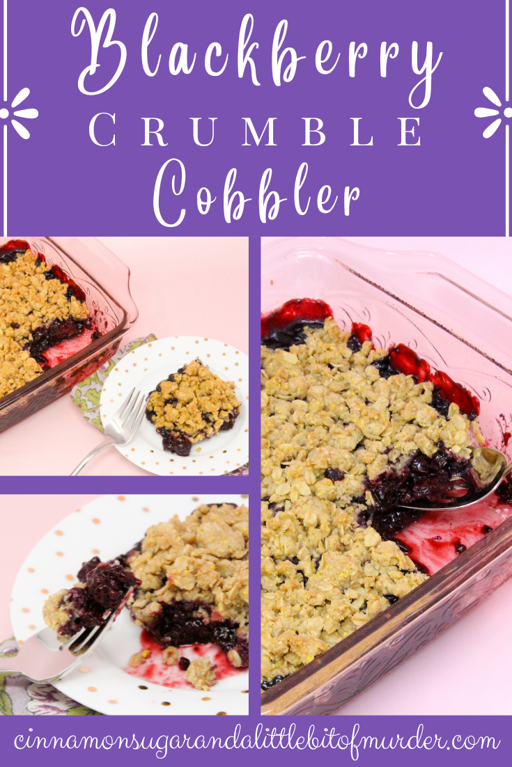 Blackberry Crumble Cobbler starts with a sweetened layer of juicy blackberries then topped with a crunchy oat and cornmeal crumble. Delicious on it's own, it's summery perfection when served with ice cream! Recipe shared with permission granted by Gigi Pandian, author of THE LIBRARY GAME.