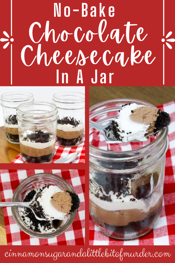 No-Bake Chocolate Cheesecake Jars are super easy-peasy to make with an Oreo crumb base. The delectable combination of chocolate, cream cheese, cream, sugar, and vanilla creates a silky layer of chocolate cheesecake, topped by cream cheese whipped cream. Layered in small mason jars, the presentation is fun and practical for easy serving for gatherings. Recipe shared with permission granted by Korina Moss, author of BAIT AND SWISS.
