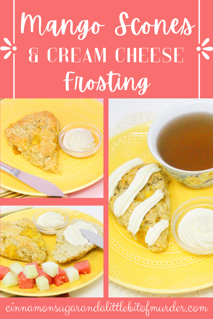 Mango Scones are flaky and rich thanks to a generous amount of butter and sour cream, but it’s the chunks of mango and cream cheese frosting that make them exceptional. Recipe shared with permission granted by Lucy Burdette, author of THE MANGO MURDERS.