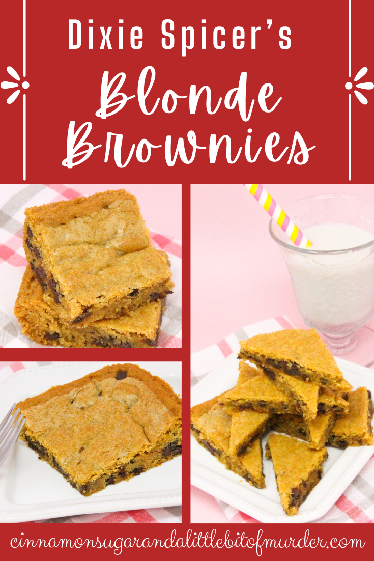 Dixie Spicer's Blonde Brownies are soft and decadent with butter and brown sugar and scattered chocolate chips. It’s like the best part of a chocolate chip cookie. Recipe shared with permission granted by Mary Lee Ashford, author of NIGHT OF THE LIVING BREAD.