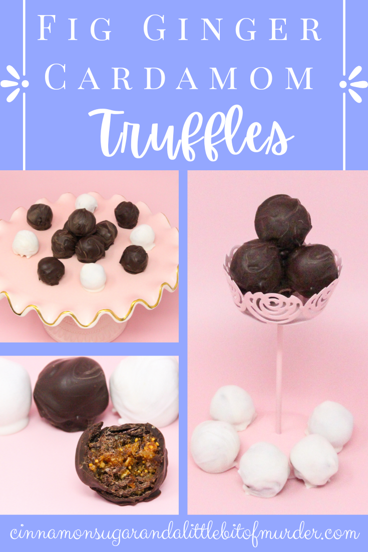 Fig, Ginger, Cardamom Truffles are a tempting combination of figs with spices, all enrobed in dark chocolate, making these scrumptious morsels a perfect bite to end dinner with. Recipe shared with permission granted by Molly MacRae, author of THERE'LL BE SHELL TO PAY.