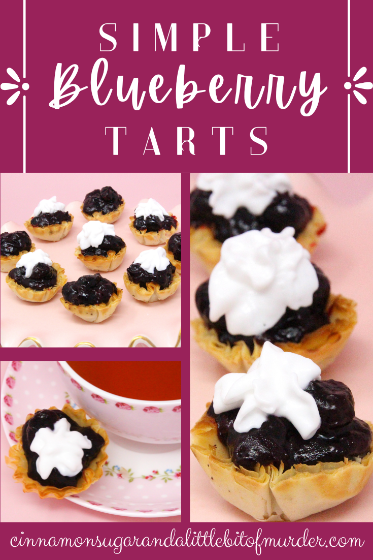 Simple blueberry tarts start with the convenience of frozen mini tart shells, then filled with fresh blueberries lightly sweetened and given added flavor with tart lemon juice. These bite-sized morsels are delicious and easy to make and serve! Recipe shared with permission granted by Daryl Wood Gerber, author of MURDER BY THE MILLIONS.
