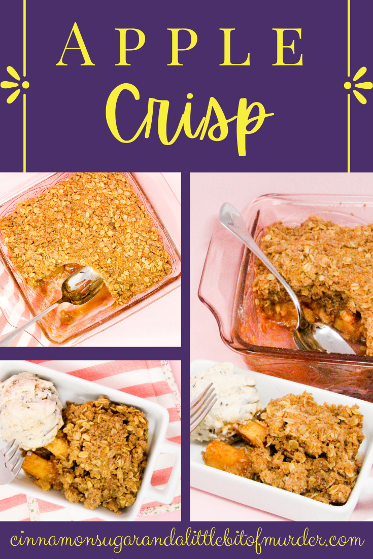 Hayley's Halloween Apple Crisp uses a generous number of apples with a generous amount of cinnamon. Topped with loads of crunchy oat and brown sugar topping, this dish is the perfect fall dessert, especially when served with a scoop of vanilla ice cream! Recipe shared with permission granted by Lee Hollis, author of HALLOWEEN NIGHT MURDER.