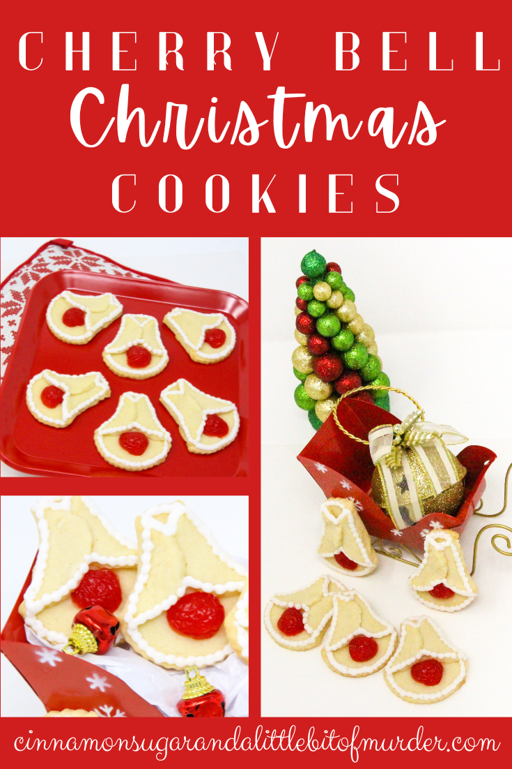 Cherry Bell Christmas Cookies start with a simple almond-flavored sugar cookie base, and are accented with halved maraschino cherries. These cookies will bring a touch of nostalgia to any holiday cookie platter and don't forget a plateful for Santa and his elves as well! Recipe created by Cinnamon & Sugar for SLEIGH BELLS AT MOONGLOW by Deborah Garner.