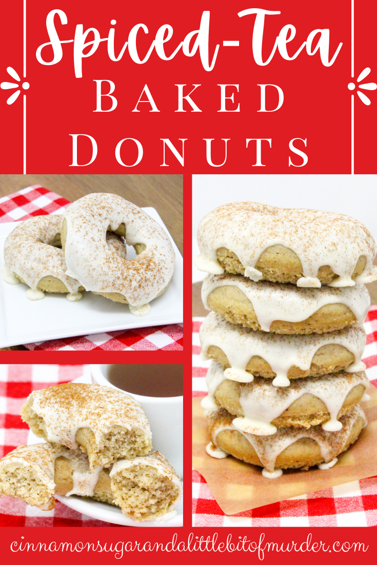 Spiced-Tea Baked Donuts have a rich flavor thanks to a generous amount of warming spices, while the sour cream frosting and sprinkled cinnamon adds a delicious element. These are delicious for breakfast or a coffee break snack! Recipe shared with permission granted by Ginger Bolton, author of SOUR CRIME DONUTS.