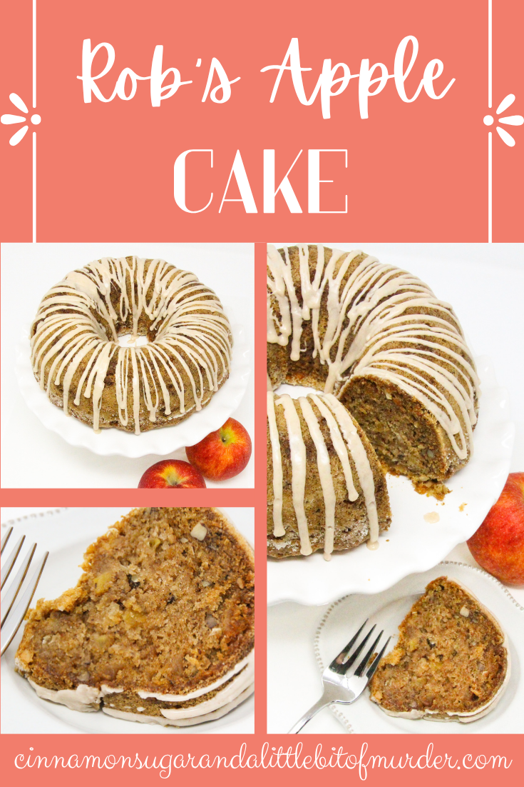 Rob's Apple Cake has generous layers of apples lightly seasoned with cinnamon, while the cake holds a taste of citrus…the perfect combination! With so many apples used and a amount of vegetable oil, the cake is ultra-moist, Recipe shared with permission granted by Valerie Burns, author of ICING ON THE MURDER. 