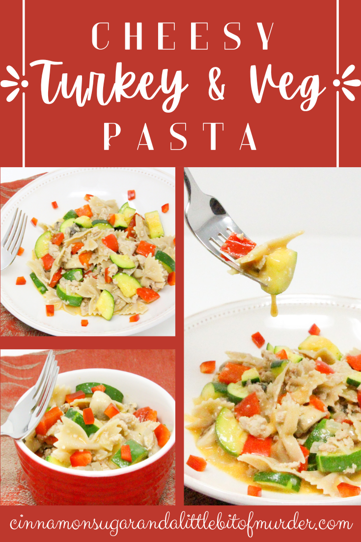 Cheesy Turkey & Veg Pasta is a delicious and filling dish featuring lean protein and plenty of vegetables, all in a cheesy sauce! Recipe shared with permission granted by Victoria Hamilton, author of THANKS FOR MUFFINS. 